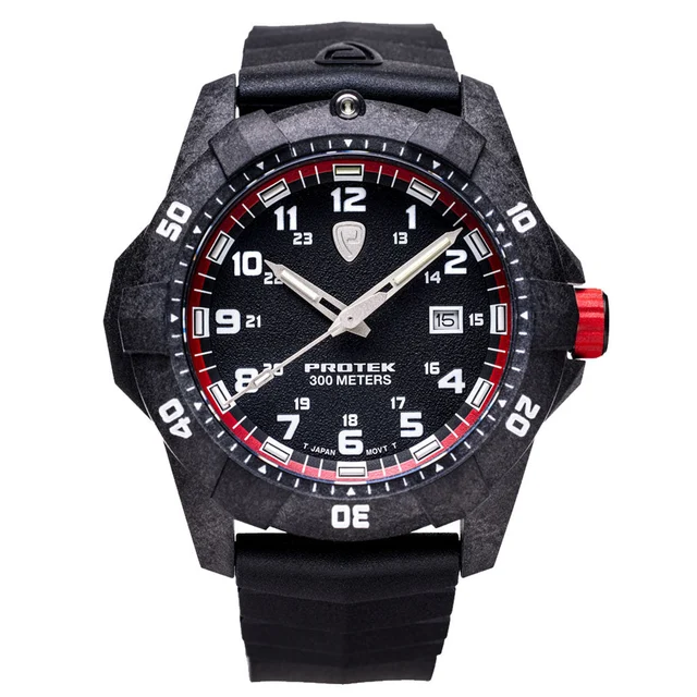 Protek Carbon Composite Tritium Dive Watch 1000 Series with Red Accents #PT1002 kol saati