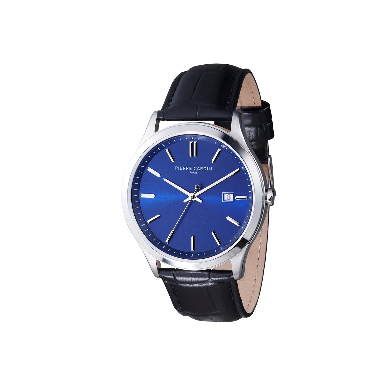 Épinettes Essential Stainless Steel Watch with Blue Dial and Black Leather Strap CQI.0001 42 mm kol saati