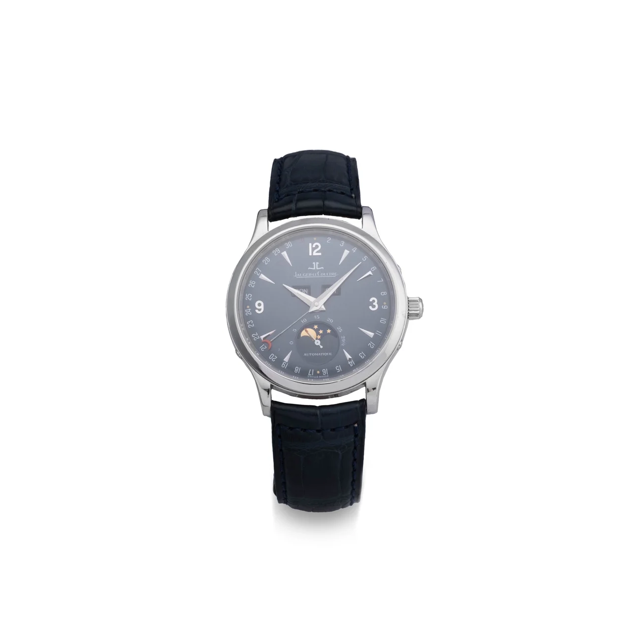 Jaeger-Lecoultre Ref. 140.6.98, self-winding, triple date à guichet (with aperture), moon phases, calibre 891 / 448, black dial; “Master Control 1000 Hours”, “Master Moon”; limited edition of 250 pieces; platinum kol saati