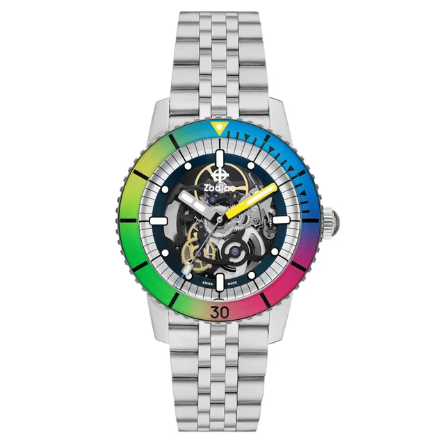 Zodiac Super Sea Wolf Automatic Skeleton Watch with Rainbow Bezel #ZO9298 kol saati