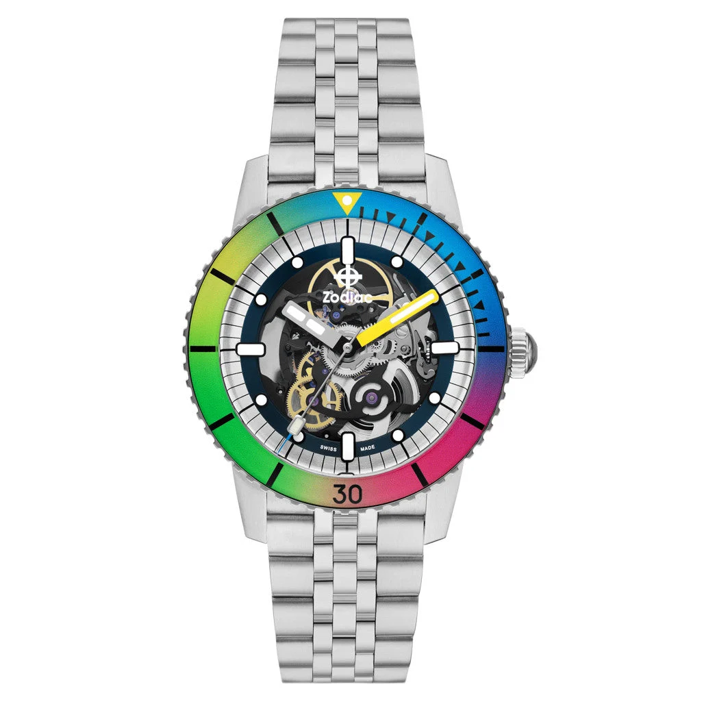 Zodiac Super Sea Wolf Automatic Skeleton Watch with Rainbow Bezel #ZO9298 kol saati
