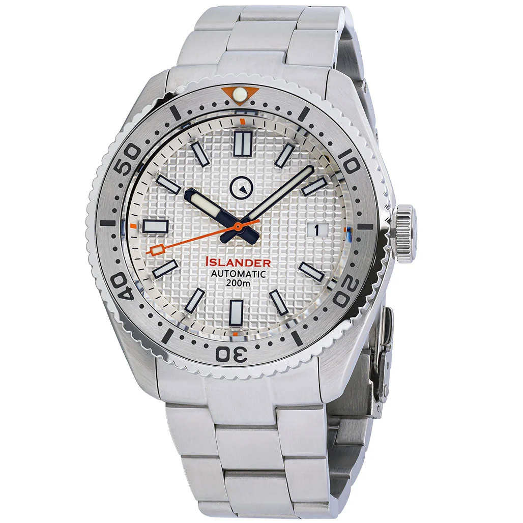 Islander White Waffle Dial Automatic Dive Watch with Flat AR Sapphire Crystal, 120-click Bezel #ISL-90 46 mm kol saati