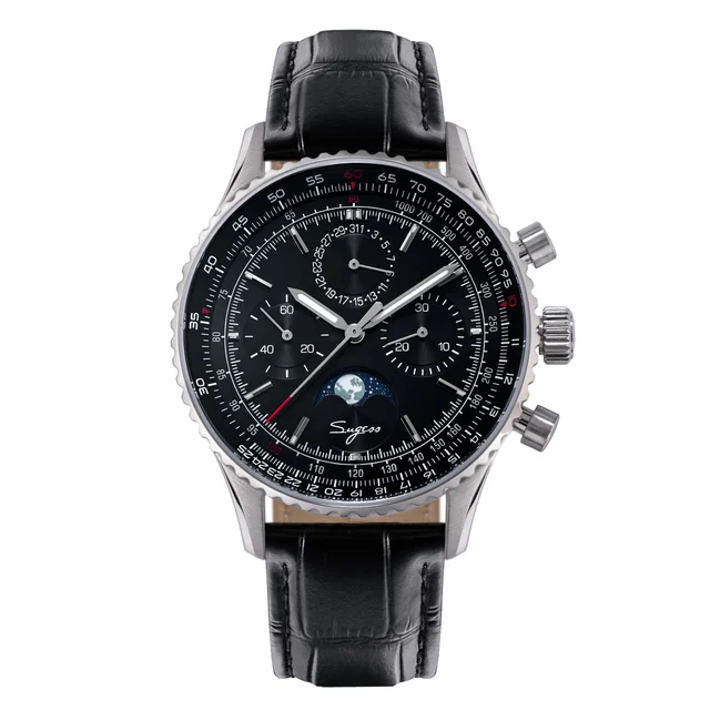 Sugess MoonPhase Chrono Master S468 Stainless Steel Case Black Dial kol saati