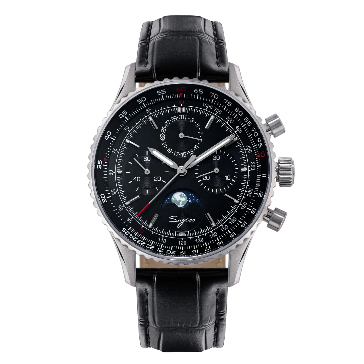Sugess MoonPhase Chrono Master S468 Stainless Steel Case Black Dial 43 mm kol saati
