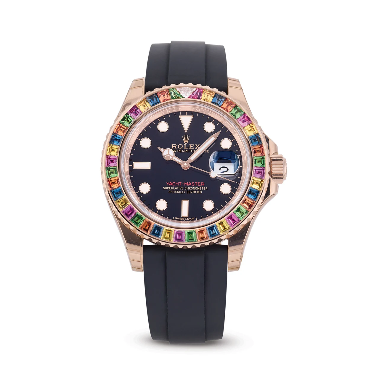 Rolex ROLEX, REF. 116695SATS, YACHT-MASTER, MULTI-COLOUR GEMSTONE BEZEL, 18K PINK GOLD kol saati