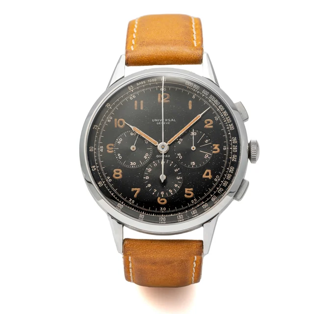 Universal UNIVERSAL, REF. 22531, COMPAX, OVERSIZE CHRONOGRAPH, BLACK DIAL, STEEL kol saati