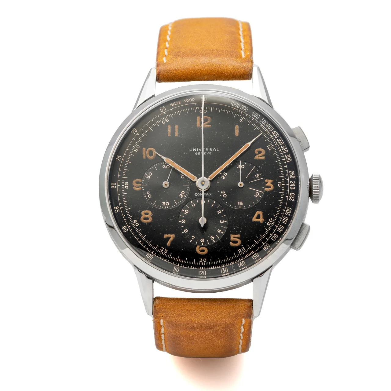 Universal UNIVERSAL, REF. 22531, COMPAX, OVERSIZE CHRONOGRAPH, BLACK DIAL, STEEL kol saati