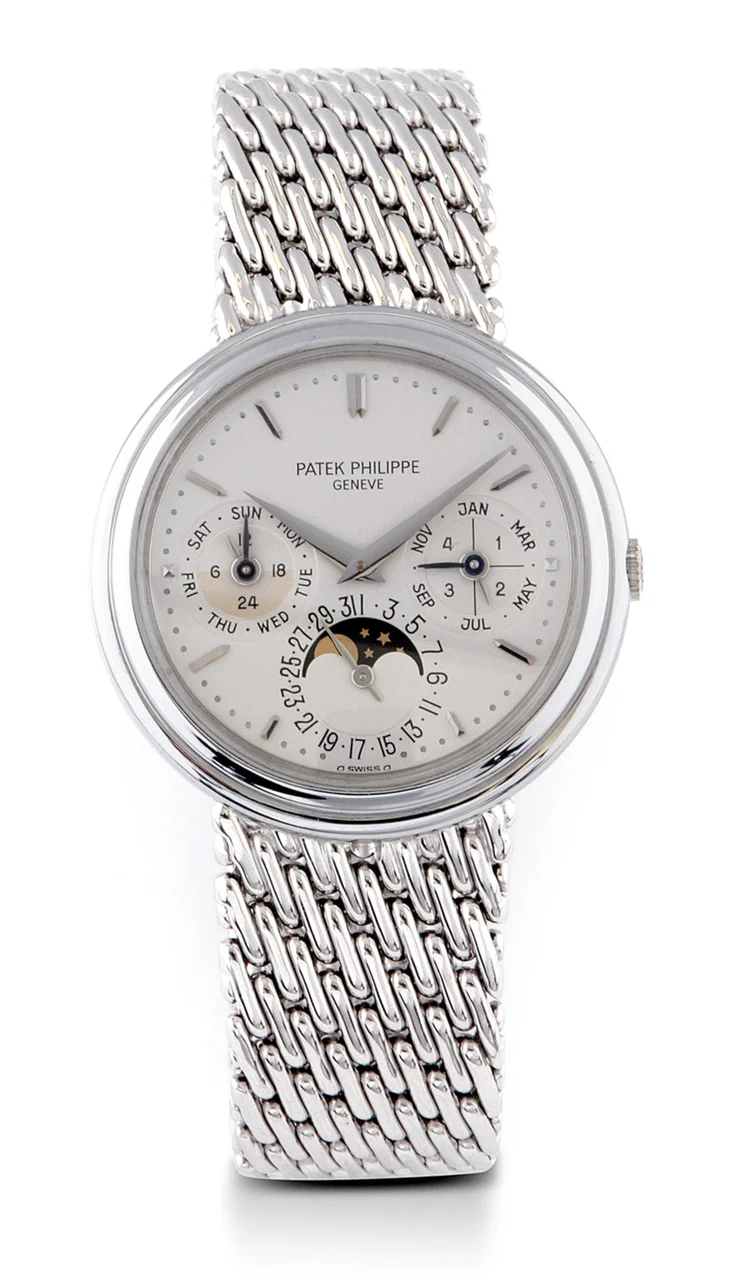 Patek Philippe Ref. 3945-1 G, self-winding, leap-year perpetual calendar, moon phases, AM-PM indication, silver “Sigma” dial; “Second series”; 18K white gold kol saati