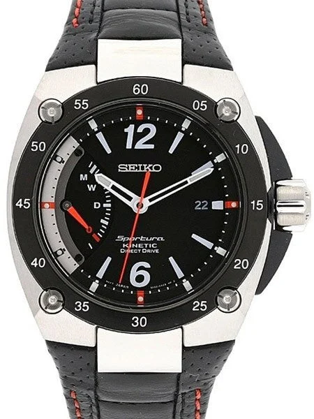 Seiko Sportura Kinetic Watch with a 49mm Stainless Steel Case, Black Dial, and Power Reser