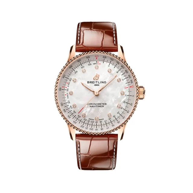 Breitling Navitimer Automatic Red Gold 36mm - White w/ Diamonds on Leather Strap R17327211
