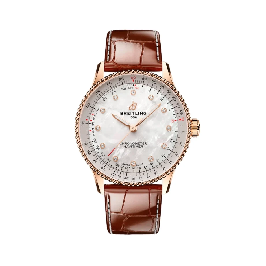 Breitling Navitimer Automatic Red Gold 36mm - White w/ Diamonds on Leather Strap R17327211A1P1 36 mm kol saati