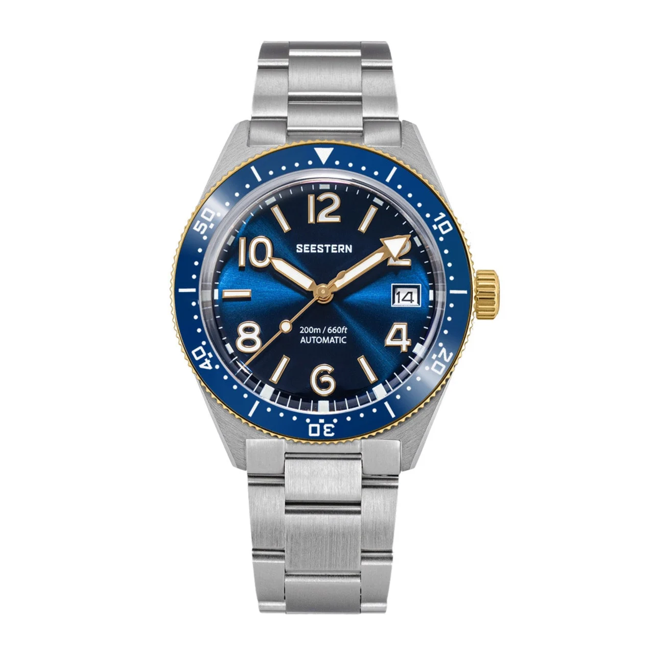 Sugess Seestern S434-2 Stainless-Steel Blue Dial Gold Bezel Profess 39 mm kol saati
