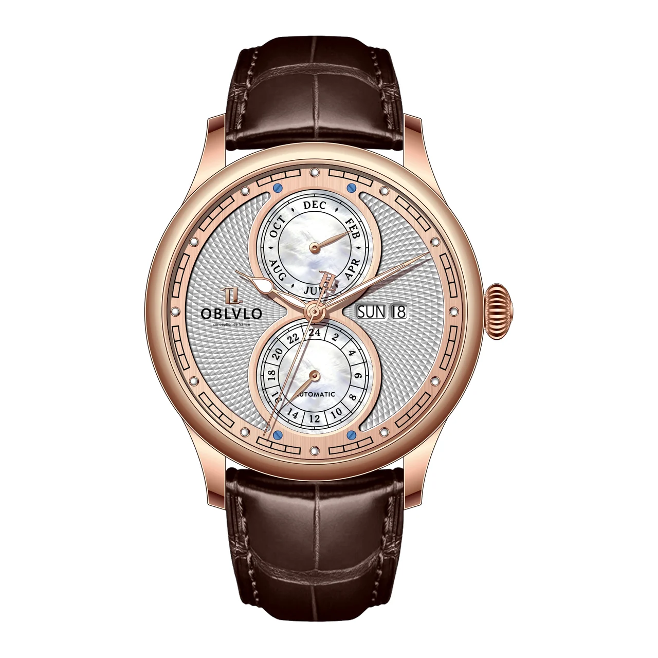 OBLVLO Series, 42mm, Rose Gold With Leather Automatic, White Dia AM Series, 42mm, Rose Gold With Leather Automatic, White Dia 42 mm kol saati