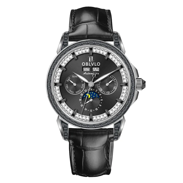 OBLVLO GCM Series,41mm,Brown Leather Strap ,Diamond Bezel, Black Di kol saati