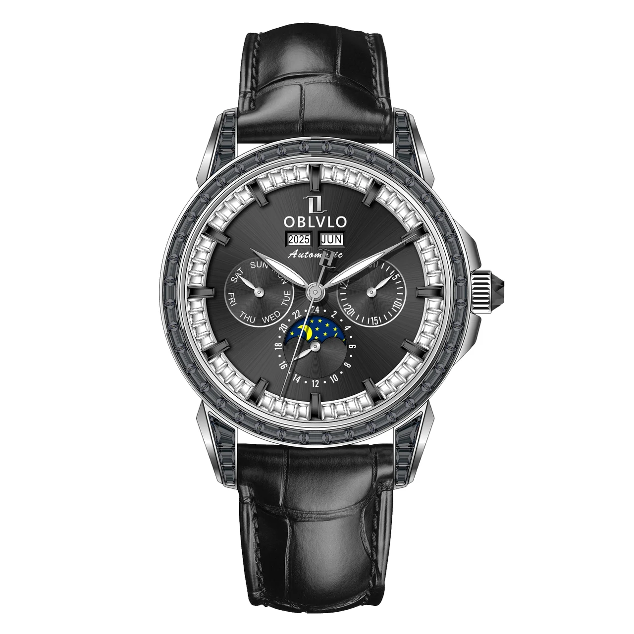 OBLVLO GCM Series,41mm,Brown Leather Strap ,Diamond Bezel, Black Di 41 mm kol saati