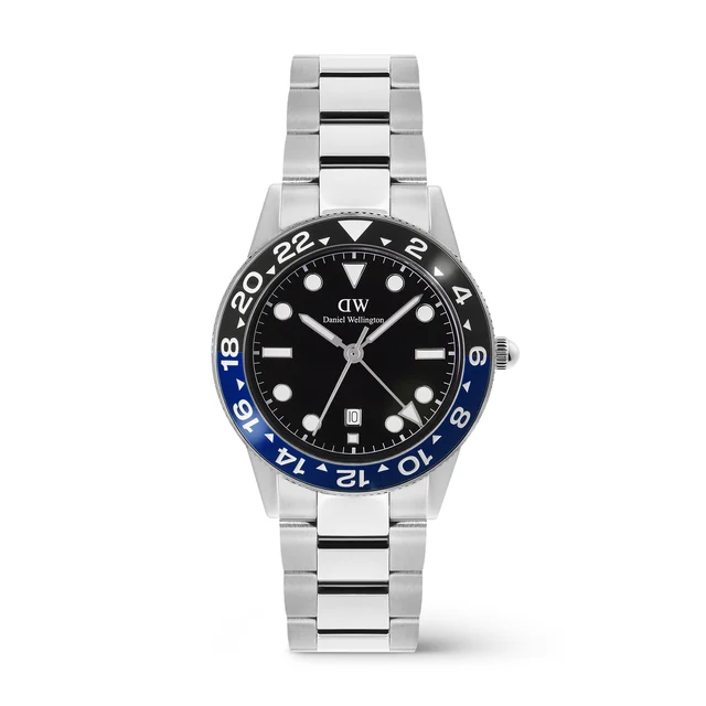 DANIEL WELLINGTON Iconic GMT Link Black Blue Ceramic Bezel Silver DW00100921 kol saati