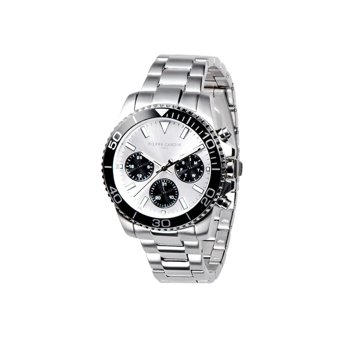 NATION Posh Multifunction watch with Silver and Black Dial and Metal Link Strap CNI.0003 40 mm kol saati