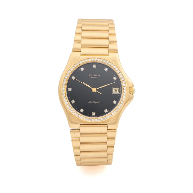 Zenith Ref. 70.0150.6226, quartz, black dial, date, integrated bracelet; “Port-Royal”; 18K