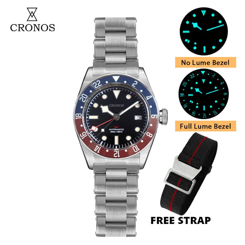 Cronos Watch Store Cronos NH34 GMT Automatic Men Watch L6021 克诺时-L6021-全黑-普光-钢带 50.2 mm kol saati