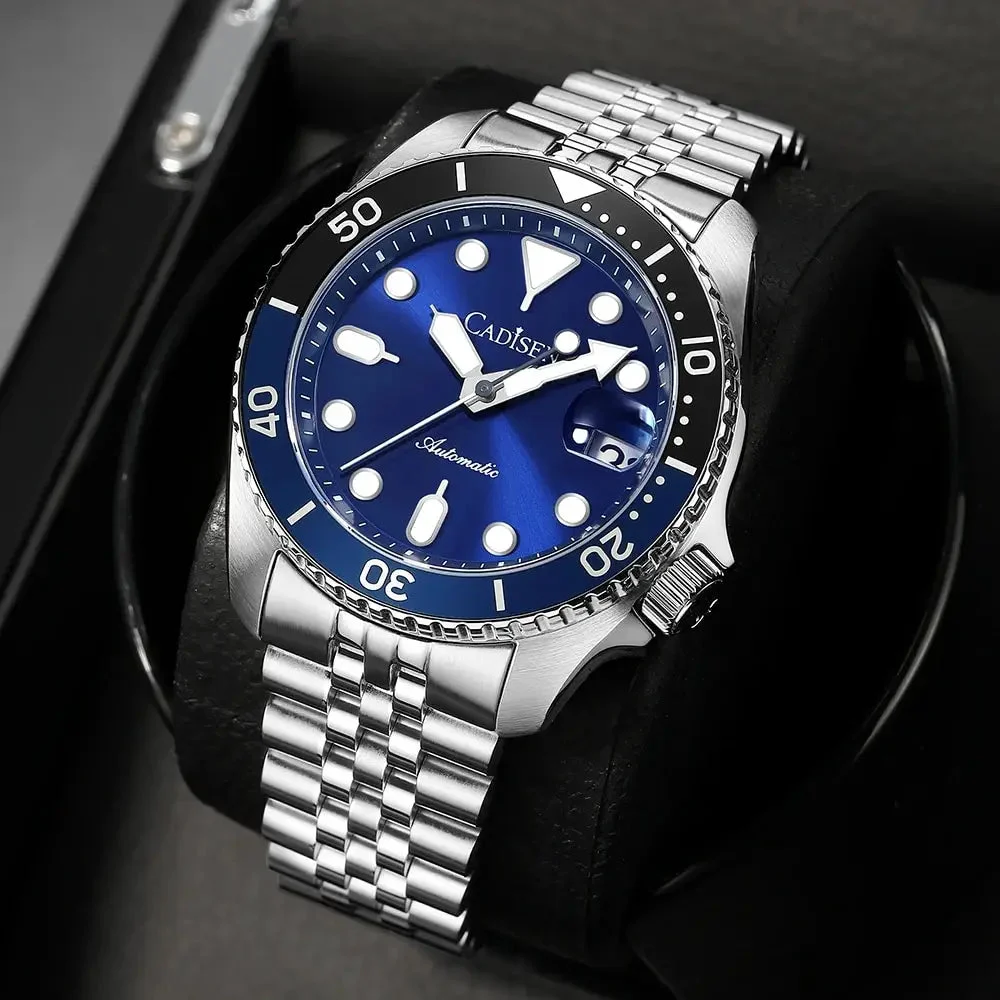 Tandorio CADISEN C8220 Diver Watch New Luminous Men Mechanical Wristwatches Ceramic Bezel Sapphire Glass NYLON Band Automatic Watch Men Relogio Masculino 1005006769859122-Blue 45 mm kol saati