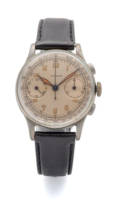 Universal Ref. 32407, chronograph, minute counter; chromium-plated metal and stainless ste
