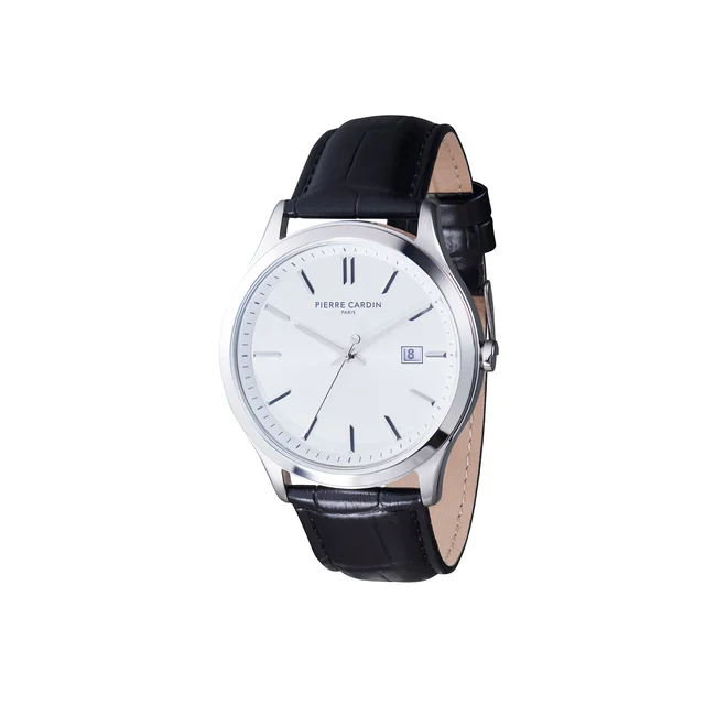 Épinettes Essential Stainless Steel Watch with Silver Dial and Black Leather Strap CQI.000
