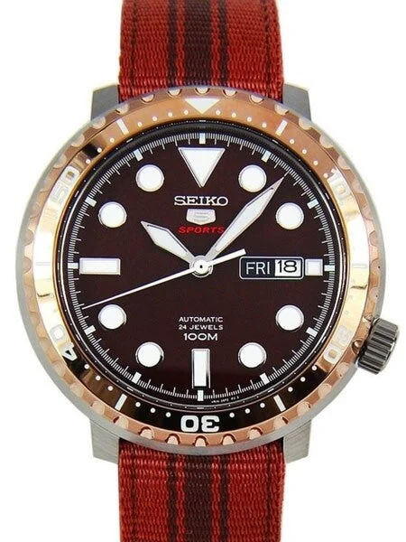 Seiko Sports Automatic 24-Jewel Bottle-Cap, Root Beer Watch #SRPC68K1 kol saati