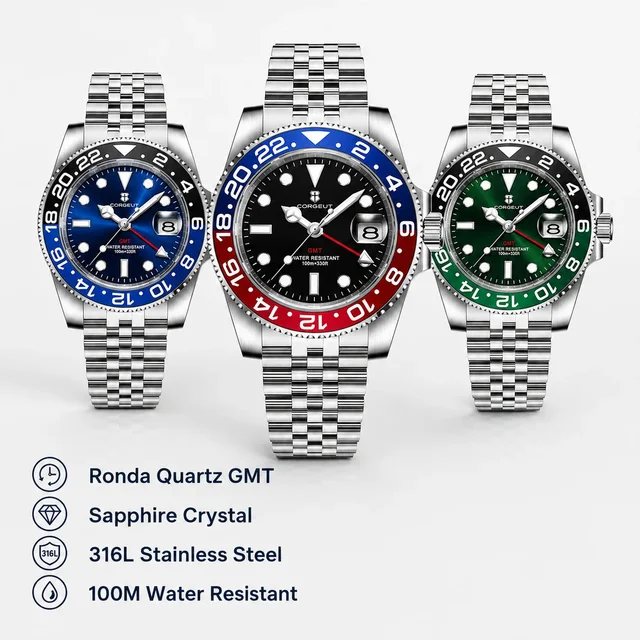 Tandorio Ronda 515 Quartz GMT Watch CORGEUT Sapphire 10ATM Travel 12000058033440709 kol sa