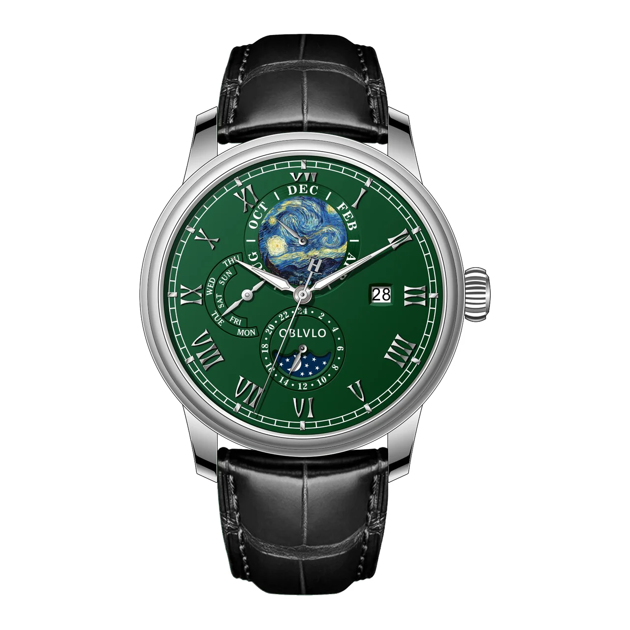 OBLVLO Leather Strap ,Green Dial AM-FG-YGGL AM Series,42mm,Black Leather Strap ,Green Dial AM-FG-YGGL 42 mm kol saati