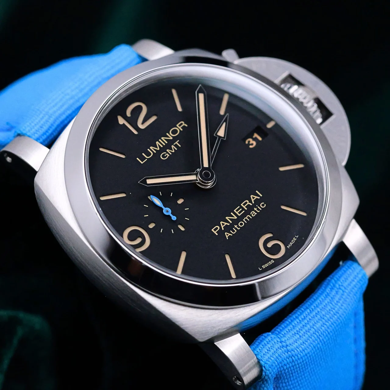 Panerai Days GMT Automatic Black Dial Blue Textile St Panerai 1950 3 Days GMT Automatic Black Dial Blue Textile St 44 mm kol saati