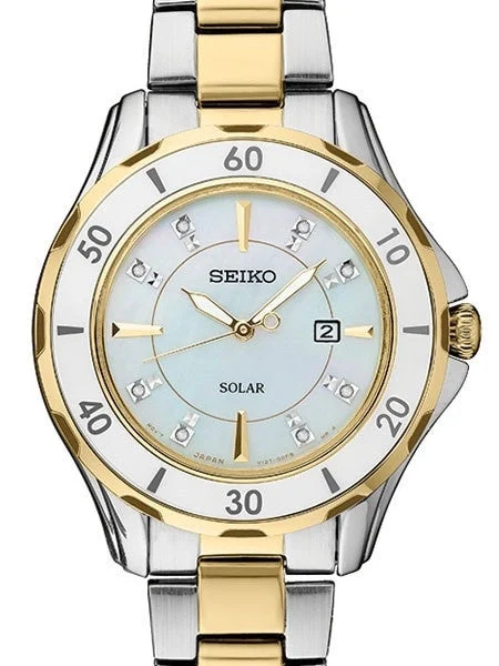 Seiko Two-Tone Solar Dress Watch with MOP Dial, Goltone Hands and 8 Diamond Markers #SUT338 33 mm kol saati