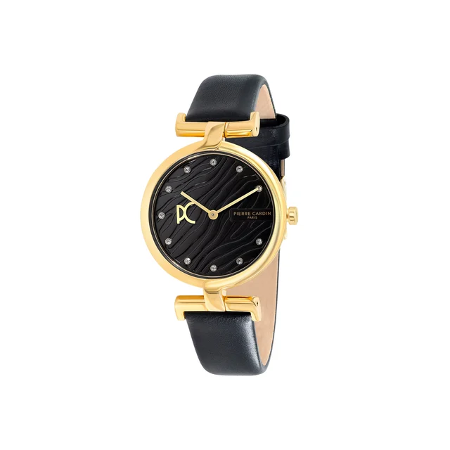 MADELEINE Patterned Black Dial Gold Watch with Black Leather Strap CMD.3546 kol saati