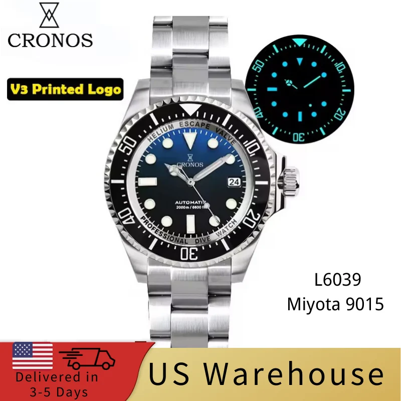 Cronos Watch Store Warehouse★★Cronos 44mm Sub Diver Watch 2000 Meters Water Miyota 9015 L6039 克诺时-L6039-MIYOTA机芯-黑面-带历 44 mm kol saati