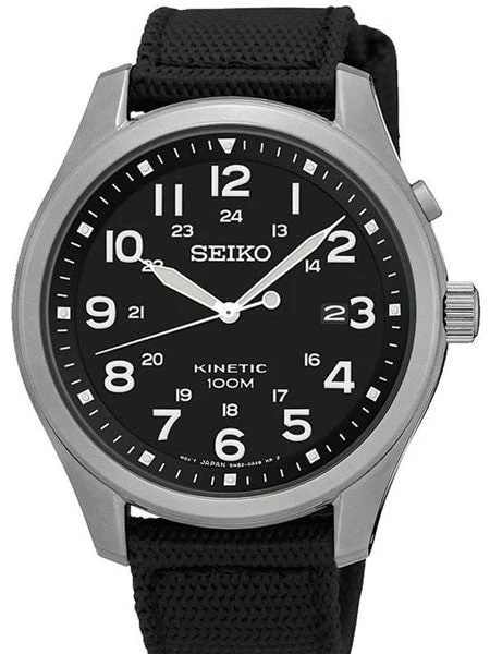 Seiko Kinetic Watch with a 43mm Stainless Steel Case, Black Dial, and Power Reserve #SKA72