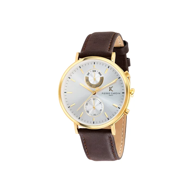 BONNE NOUVELLE MENS Bonne Nouvelle Multifunction Gold Watch with White Dial and Brown Leat