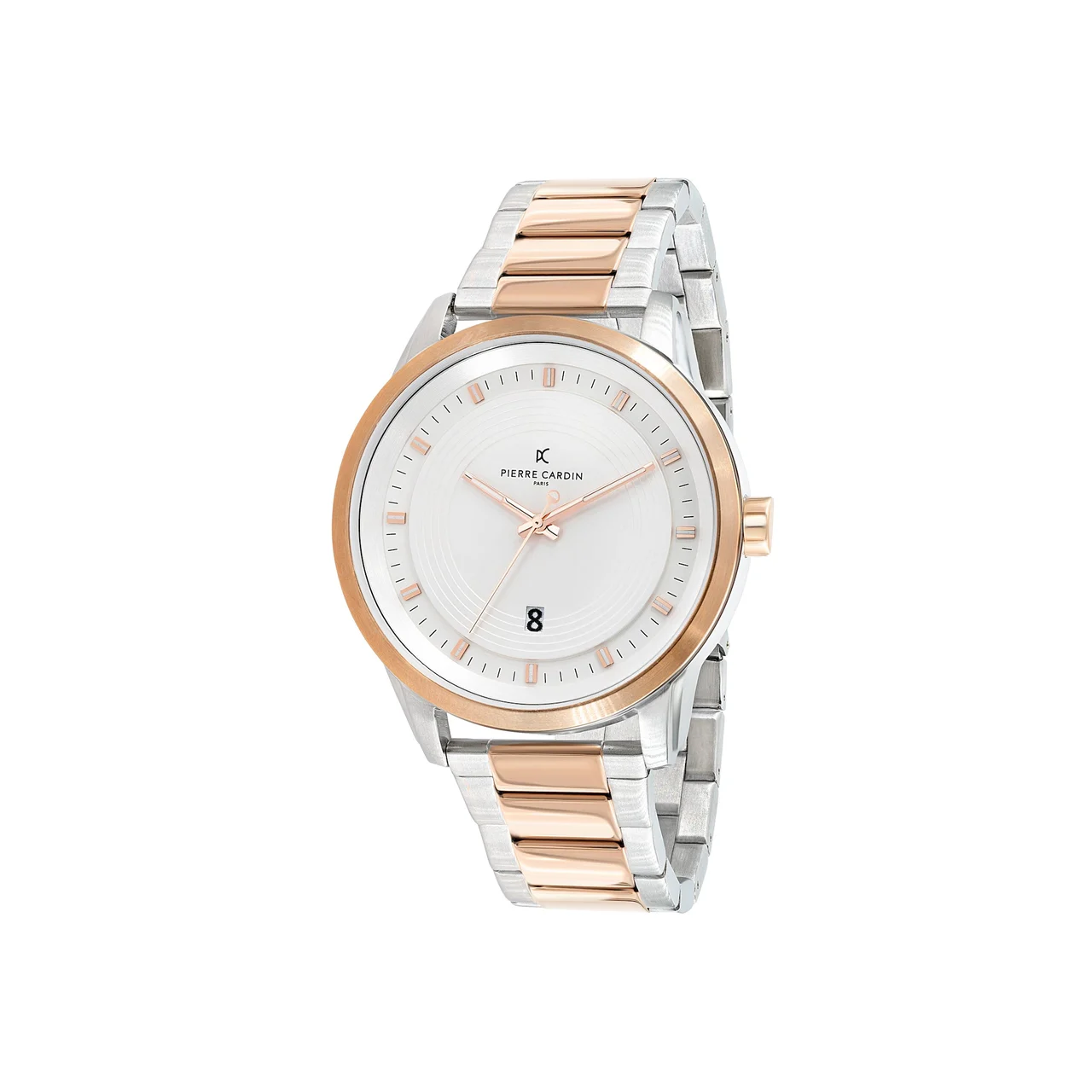 LES HALLES Two Tone Rose Gold and Silver Metal Links Watch with White Dial CCP.5023 45 mm kol saati