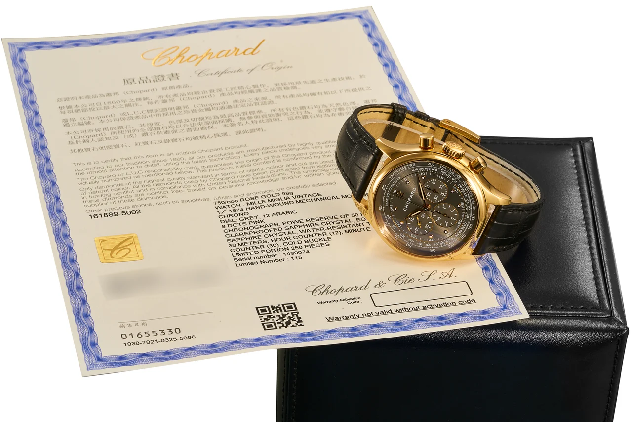 Chopard Ref. 161889-5002-RLG, chronograph, minute and hour recorders; “1000 Miglia Vintage”; limited edition of 250 pieces; 18K pink gold (“ ”) kol saati