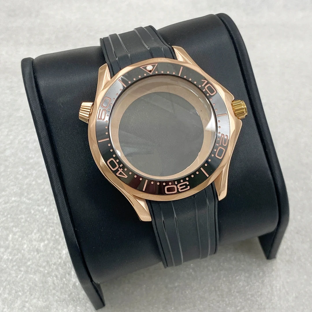 Tandorio modified Seamaster 300 rose gold case sapphire glass suitable for nh35 movement case smr-41mm-Rose shell + black tape 41 mm kol saati