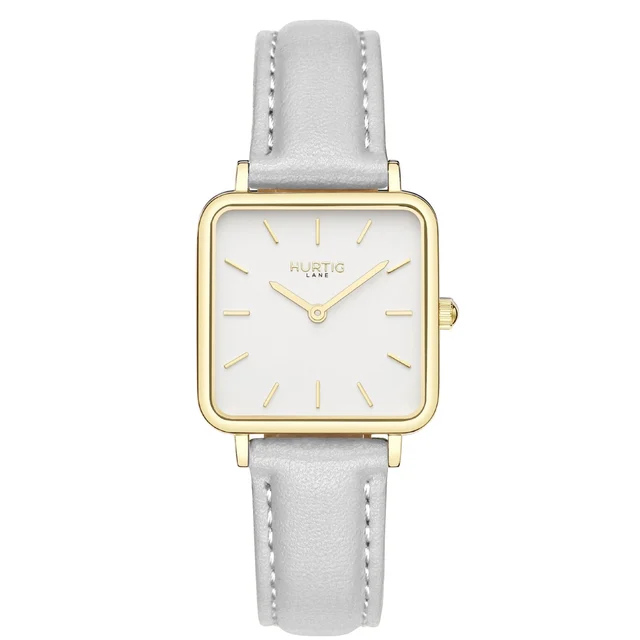 Hurtig Lane Vegan Watches Neliö Square Vegan Leather Watch Gold, White & Cloud Grey kol sa