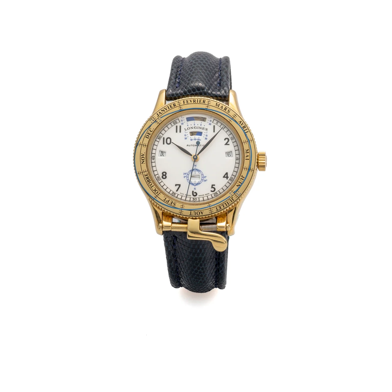 Longines Ref. 640.5234, self-winding, centre-seconds, date, month, astronomical complications; limited edition made for the 100th anniversary of the Brand name of the Manufacture; “Ephemerides Solaires”; 18K yellow gold kol saati