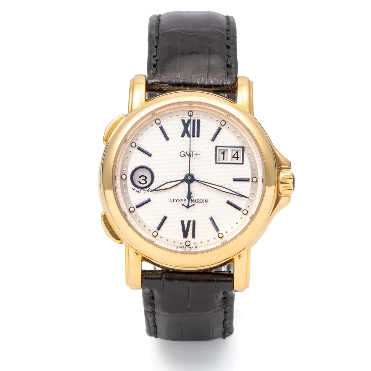Ulysse Nardin ULYSSE NARDIN REF. 221-88, SELF-WINDING, CENTRE-SECONDS, GRANDE DATE, AM-PM INDICATION, TWO-TIME ZONE, SILVER GUILLOCHÉ DIAL; “SAN MARCO” “GMT ± BIG DATE”; 18K YELLOW GOLD kol saati