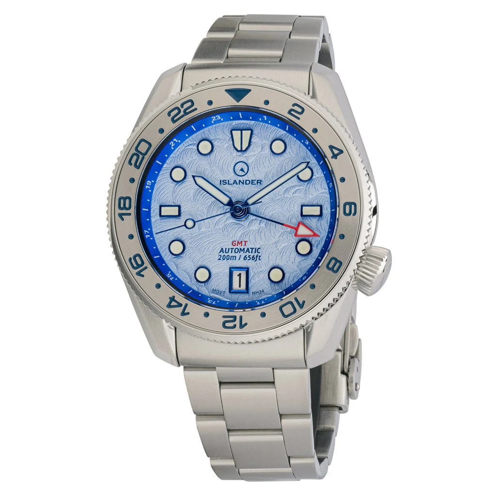 Islander JFK Automatic GMT Watch with Blue Cloud Dial and Steel Bezel #ISL-207 42 mm kol saati