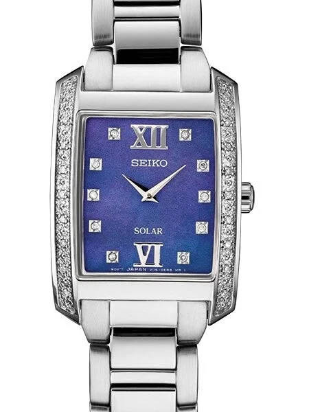 Seiko Solar Dress Watch with 28 Diamonds, Blue Mother of Pearl Dial #SUP401 kol saati