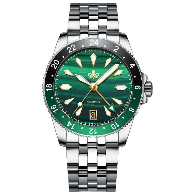 Phoibos Voyager GMT Automatic Watch with Green Malachite Dial #PY043A kol saati