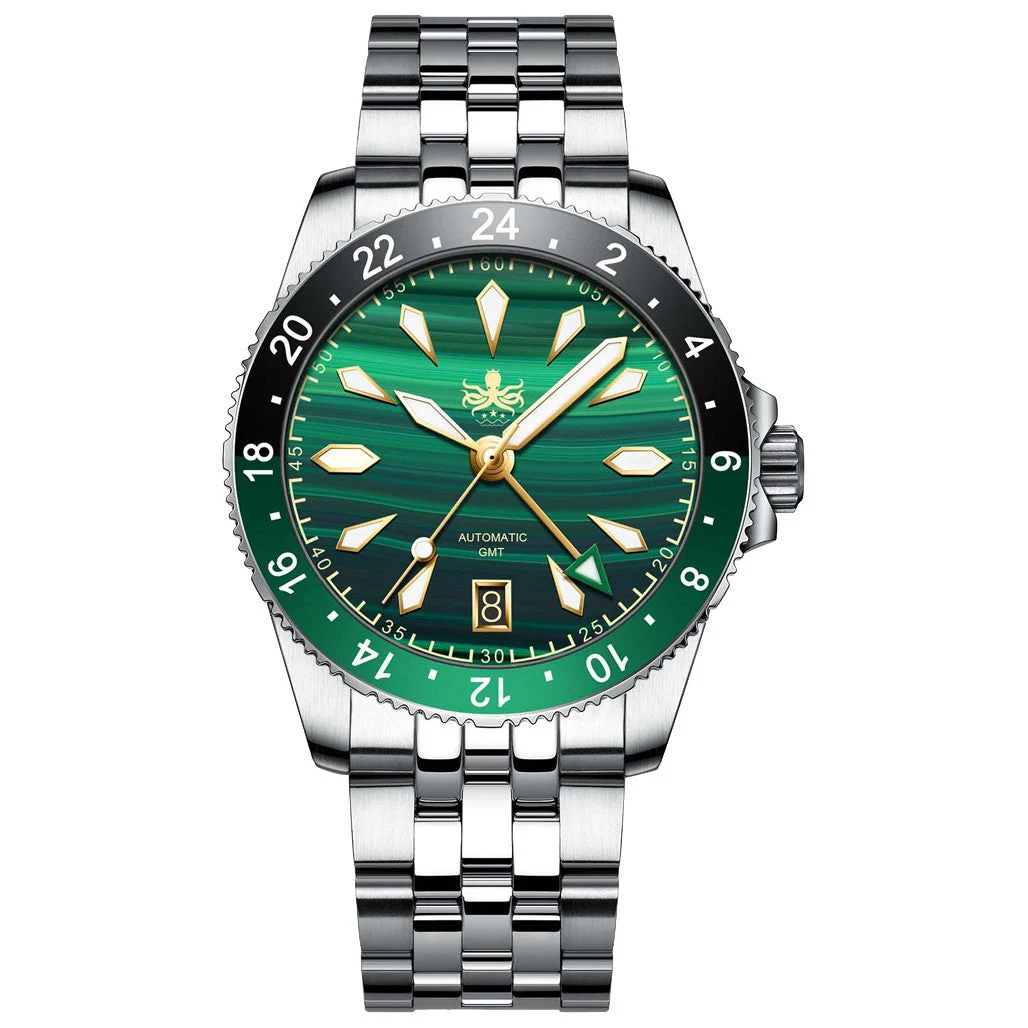 Phoibos Voyager GMT Automatic Watch with Green Malachite Dial #PY043A 39 mm kol saati