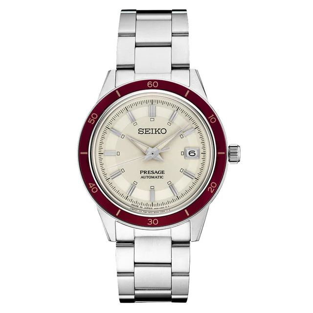Seiko Presage Automatic 1960's Style Dress Watch with White Dial and Red Bezel #SRPH93 kol