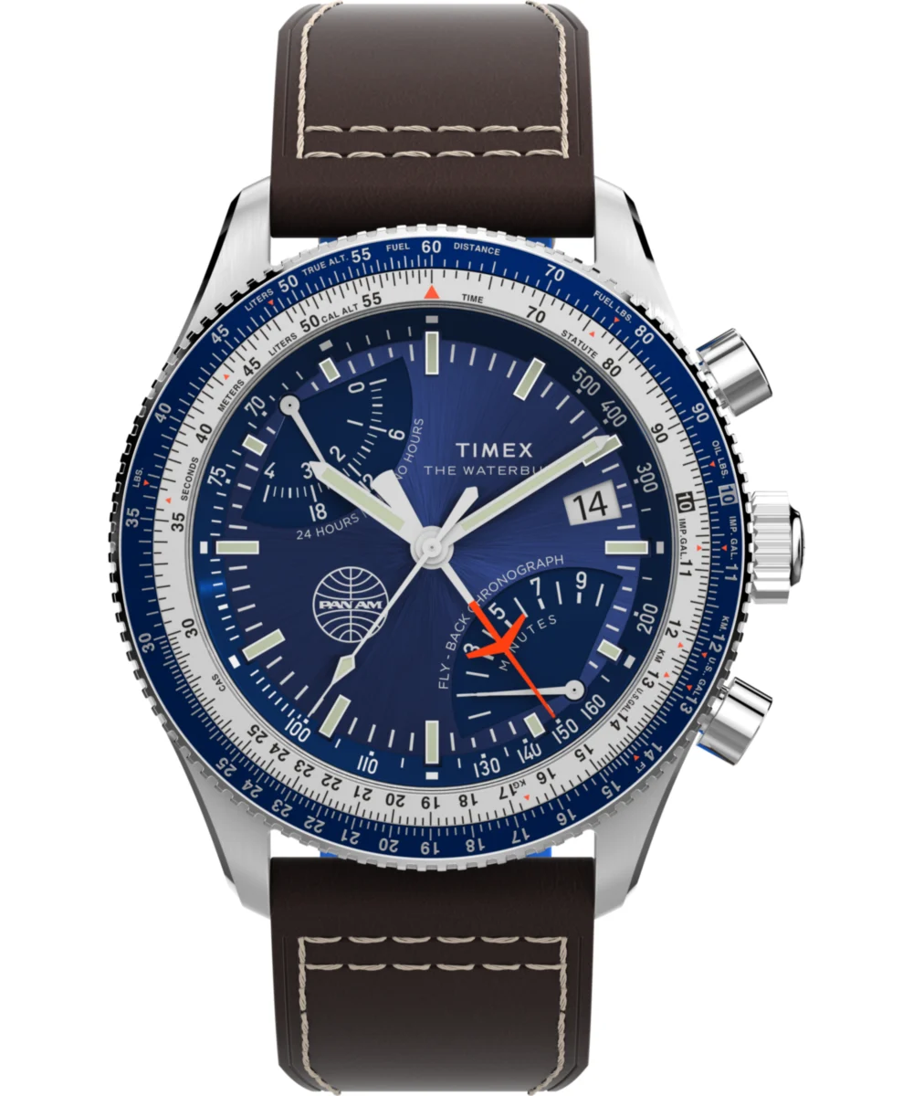 Timex Pan Am® x Fly-Back Chronograph 43mm Leather Strap Watch TW2W97200 43 mm kol saati