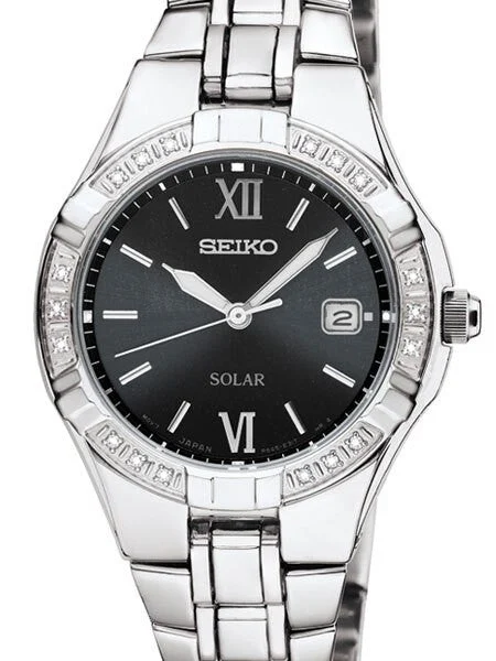 Seiko Solar Dress Watch with 18 Diamond's on the Bezel, Black Dial #SUT067 27 mm kol saati