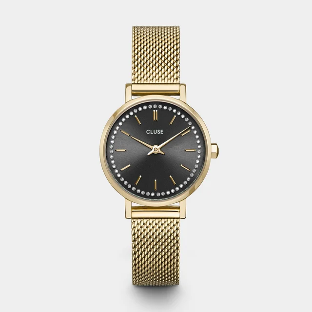 CLUSE Boho Chic Petite Watch Mesh Crystals, Grey, Gold Colour CW10501 kol saati