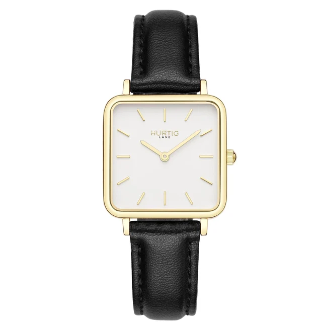 Hurtig Lane Vegan Watches Neliö Square CACTUS Leather Watch Gold, White & Black kol saati